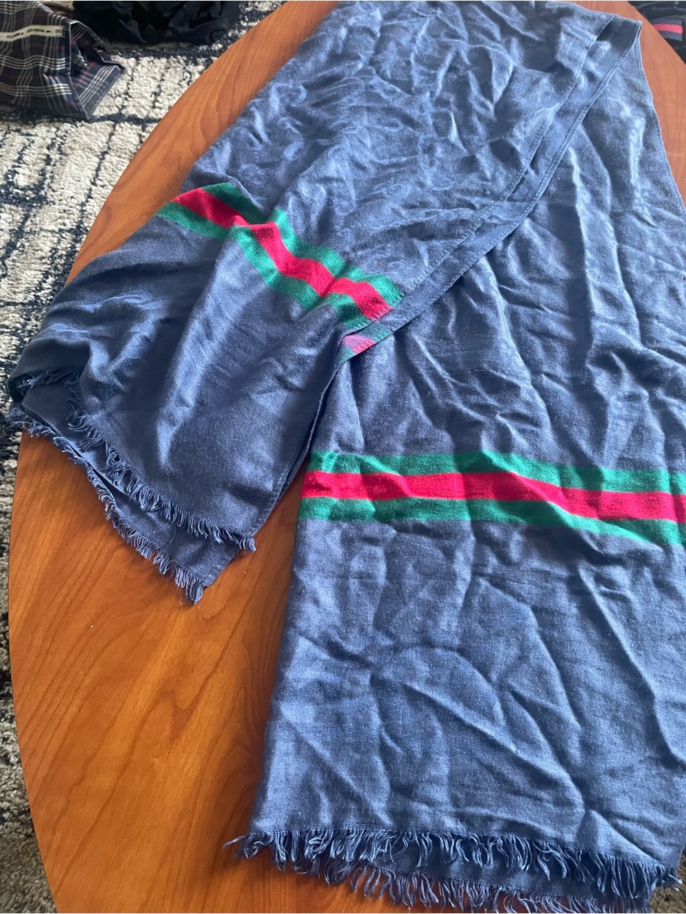 Gucci Blue Scarf with Red and Green Stripes